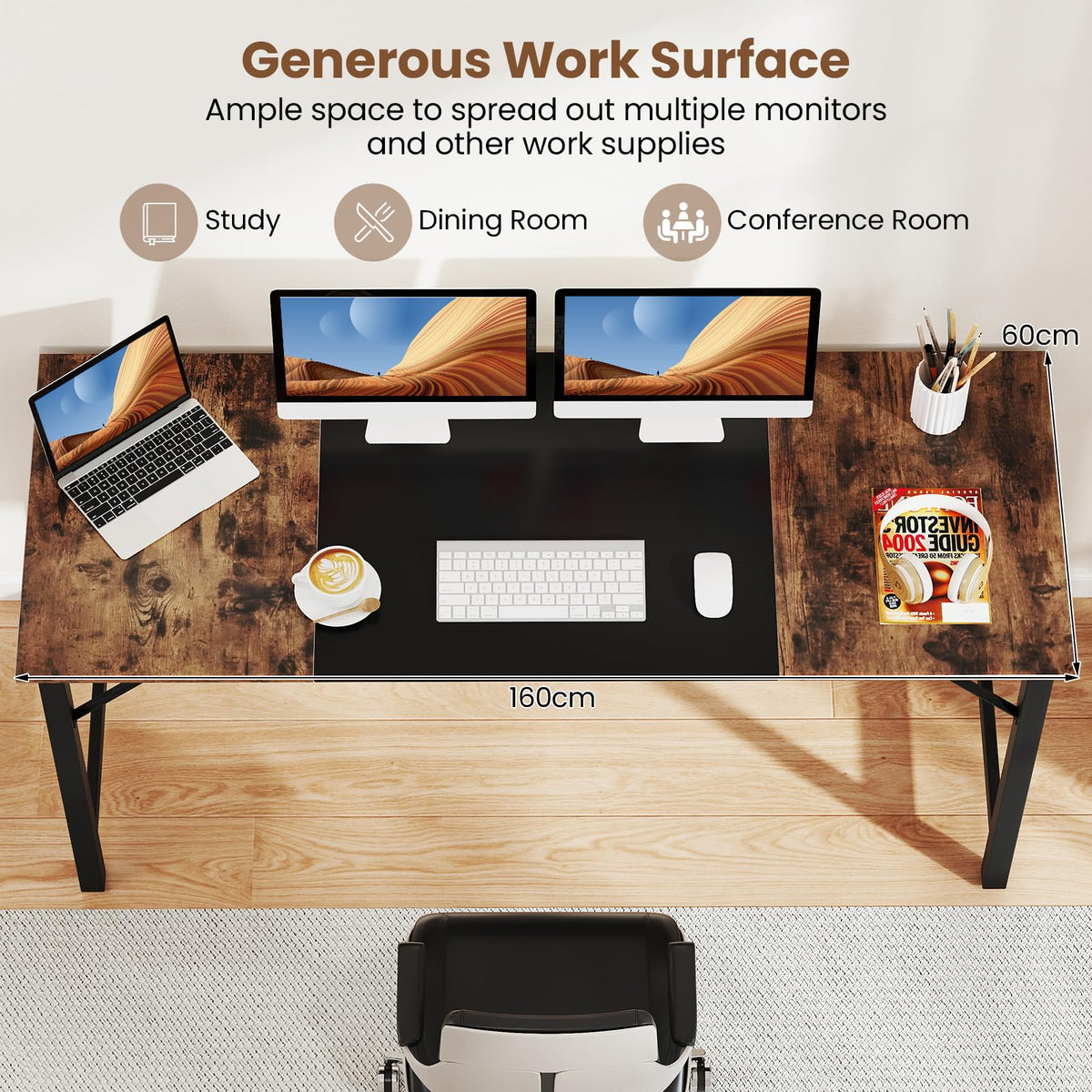 160 cm Computer Desk, Heavy Duty Metal Frame Laptop Table