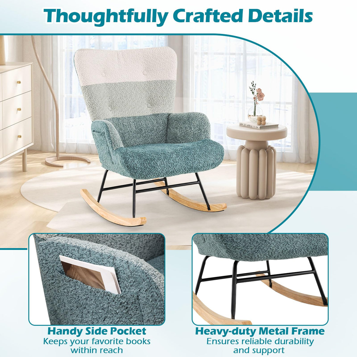 Nursery Rocking Chair with Boucle Fabric Ergonomic Armrests and High Back