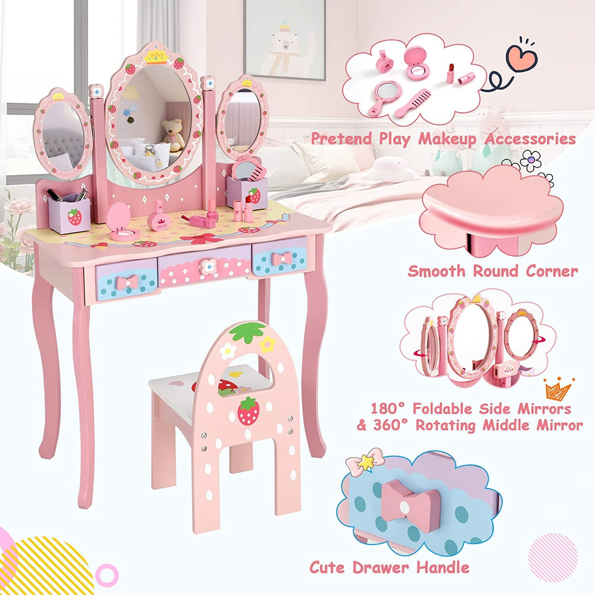 Kids Princess Vanity Table & Chair Set with 360° Rotating Mirror