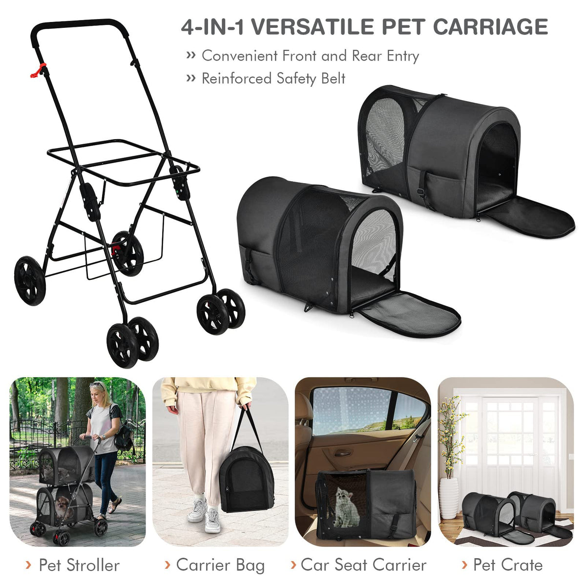4-in-1 Double Layer Pet Stroller, Foldable Cat Dog Stroller on Wheels