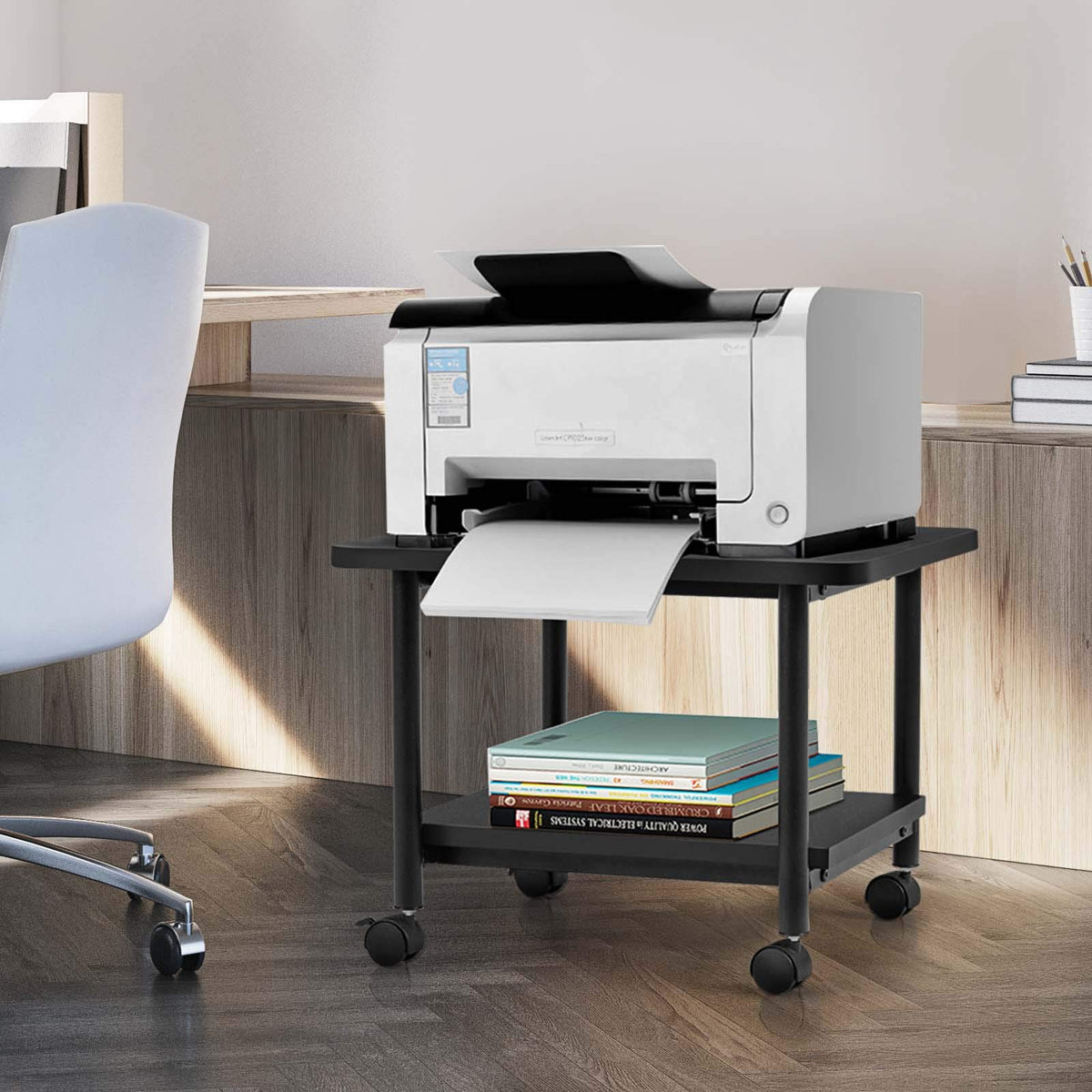 Under Desk Printer Stand, 2-Tier Printer Cart Rack w/Wood Storage Shelf