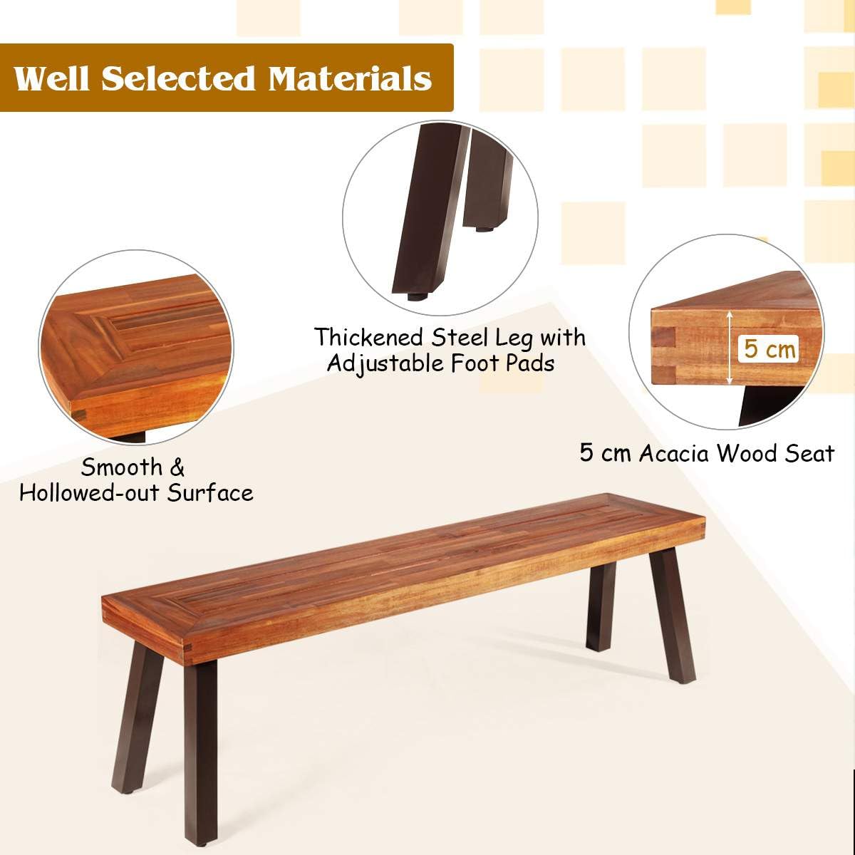 Patio Dining Wood Bench with Rustic Steel Legs