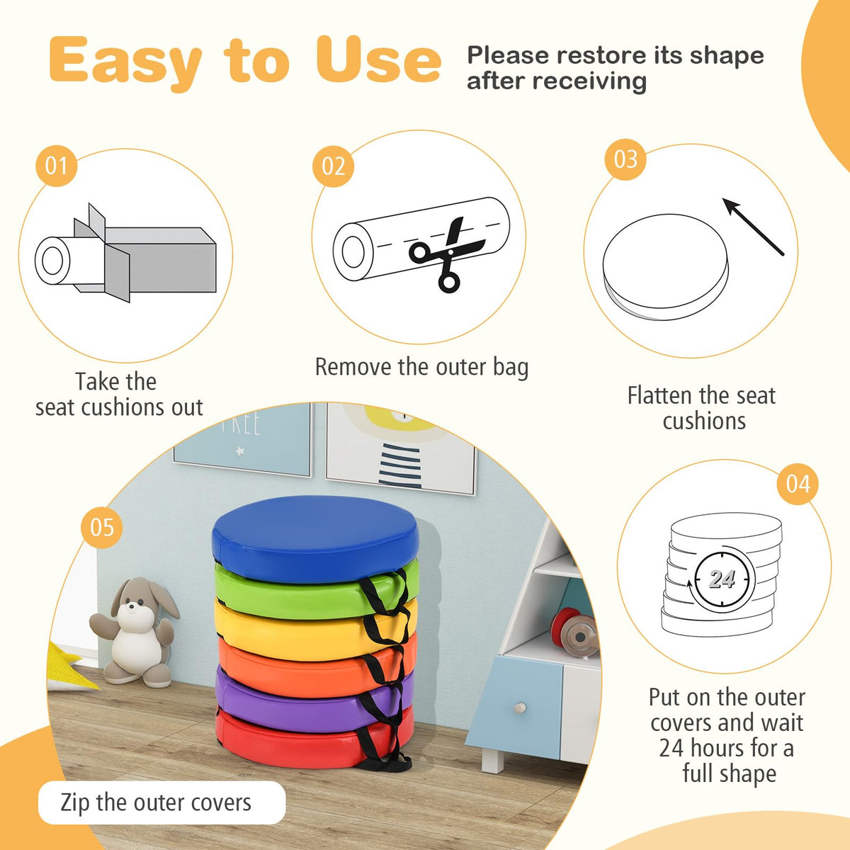 6 PCS Round Floor Cushions for Kids