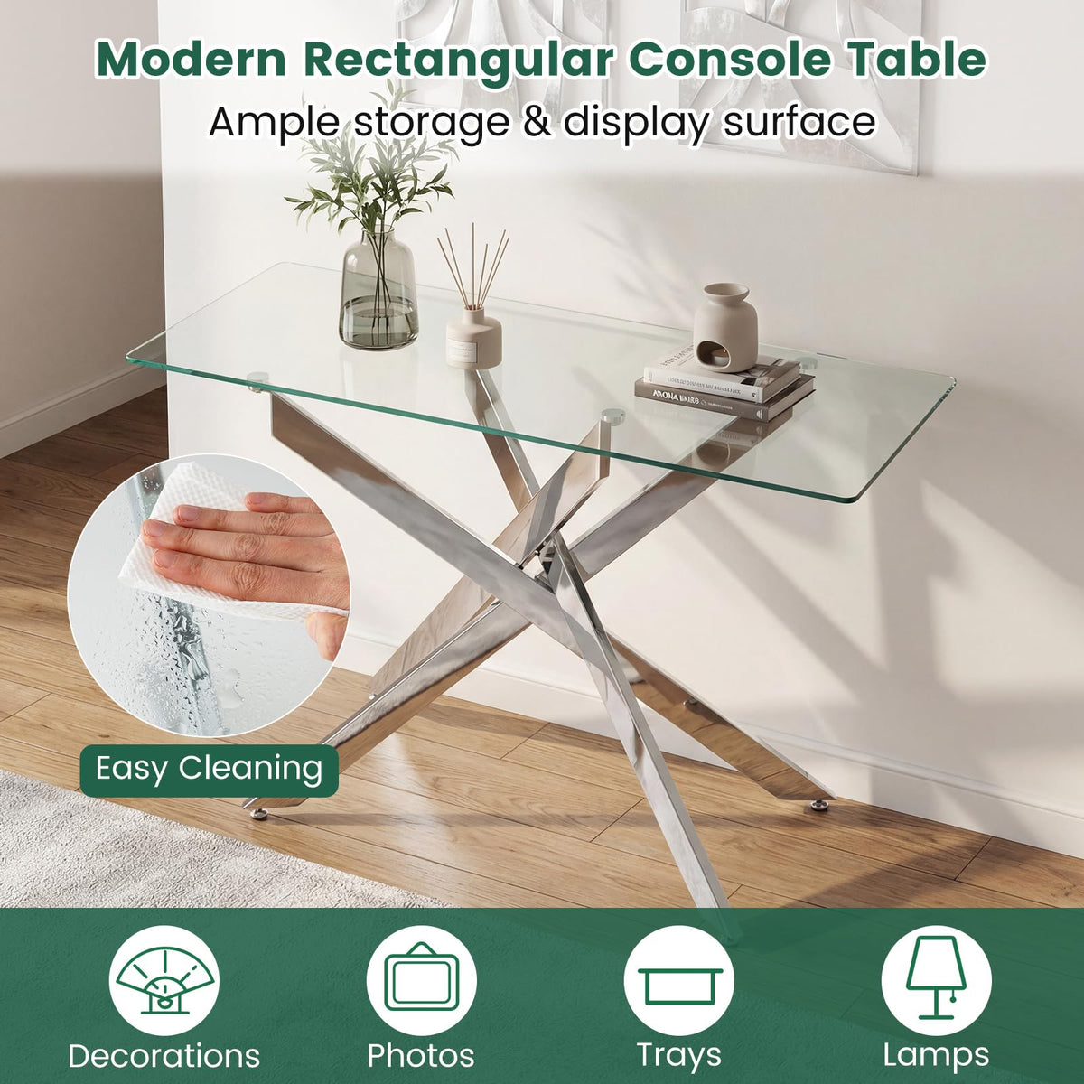 Modern Entryway Table with Clear Tempered Glass Top for Entrance and Living room
