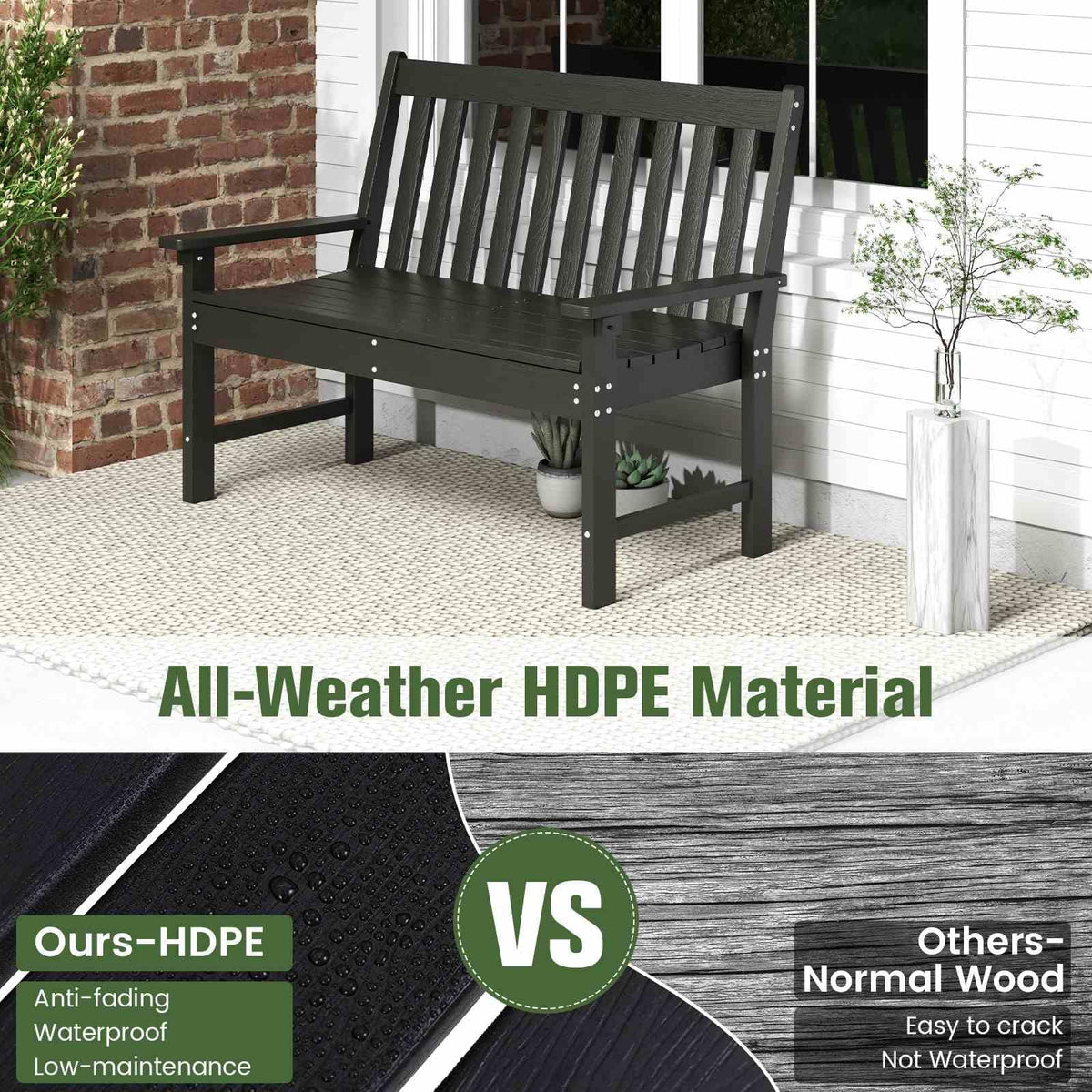 Outdoor 2-Person Bench, All-Weather HDPE Patio Loveseat Chair w/Cozy Backrest