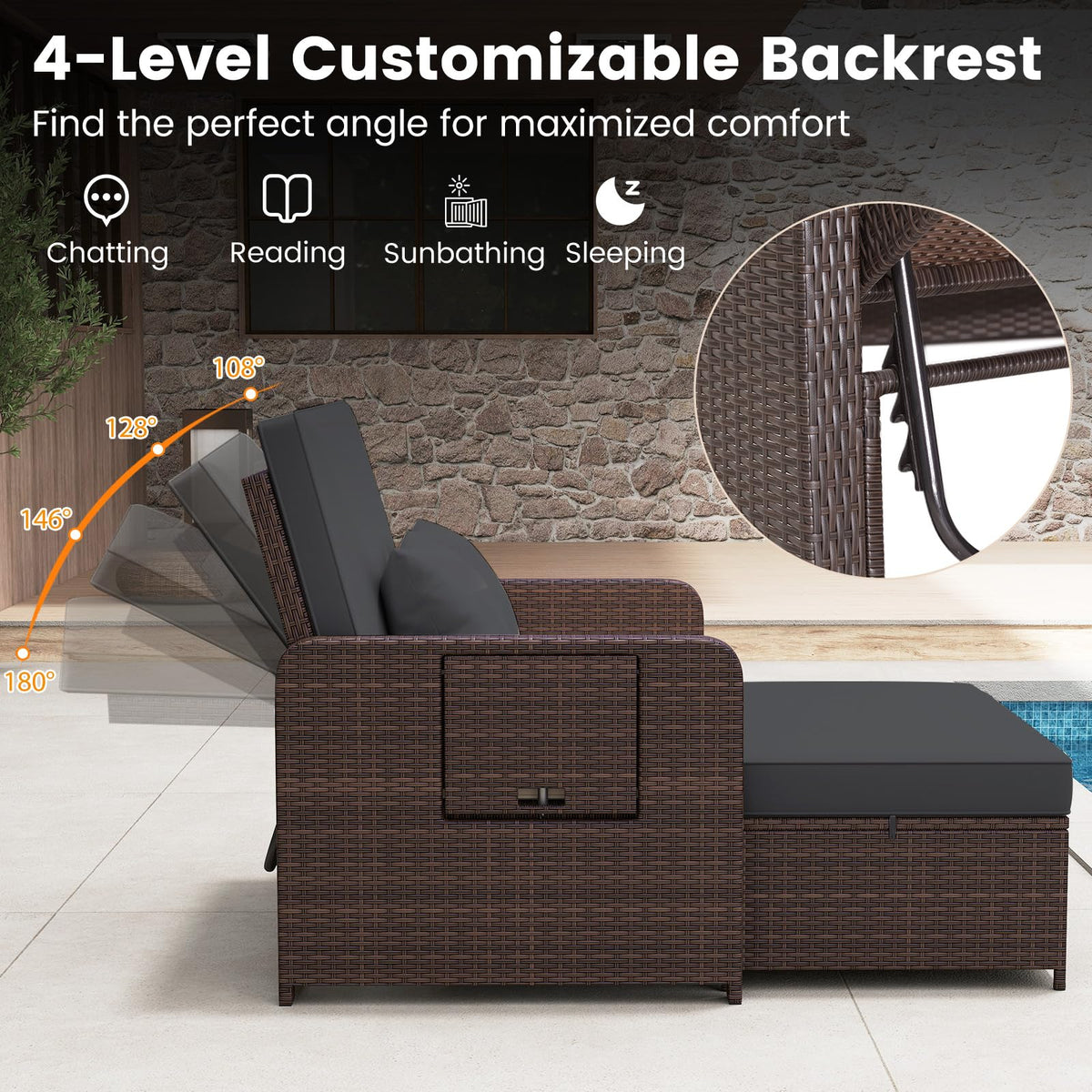 Patio Rattan Daybed, 2-Piece Loveseat & Storage Ottoman Set