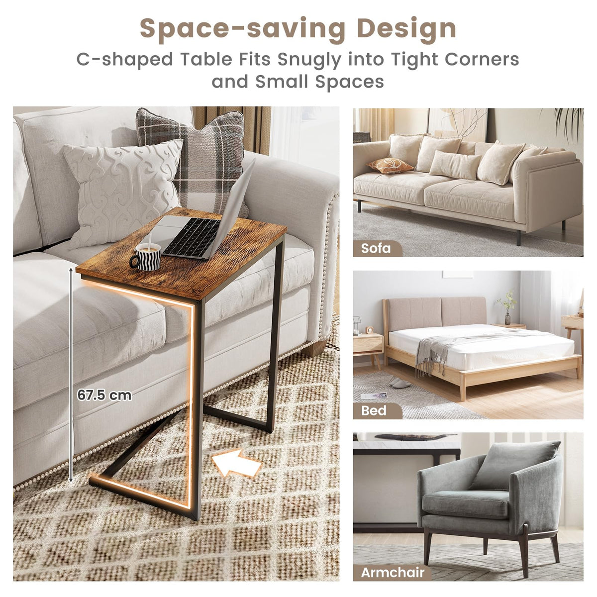 C-Shaped End Table, Vintage Accent Couch Table with Heavy-Duty Metal Frame