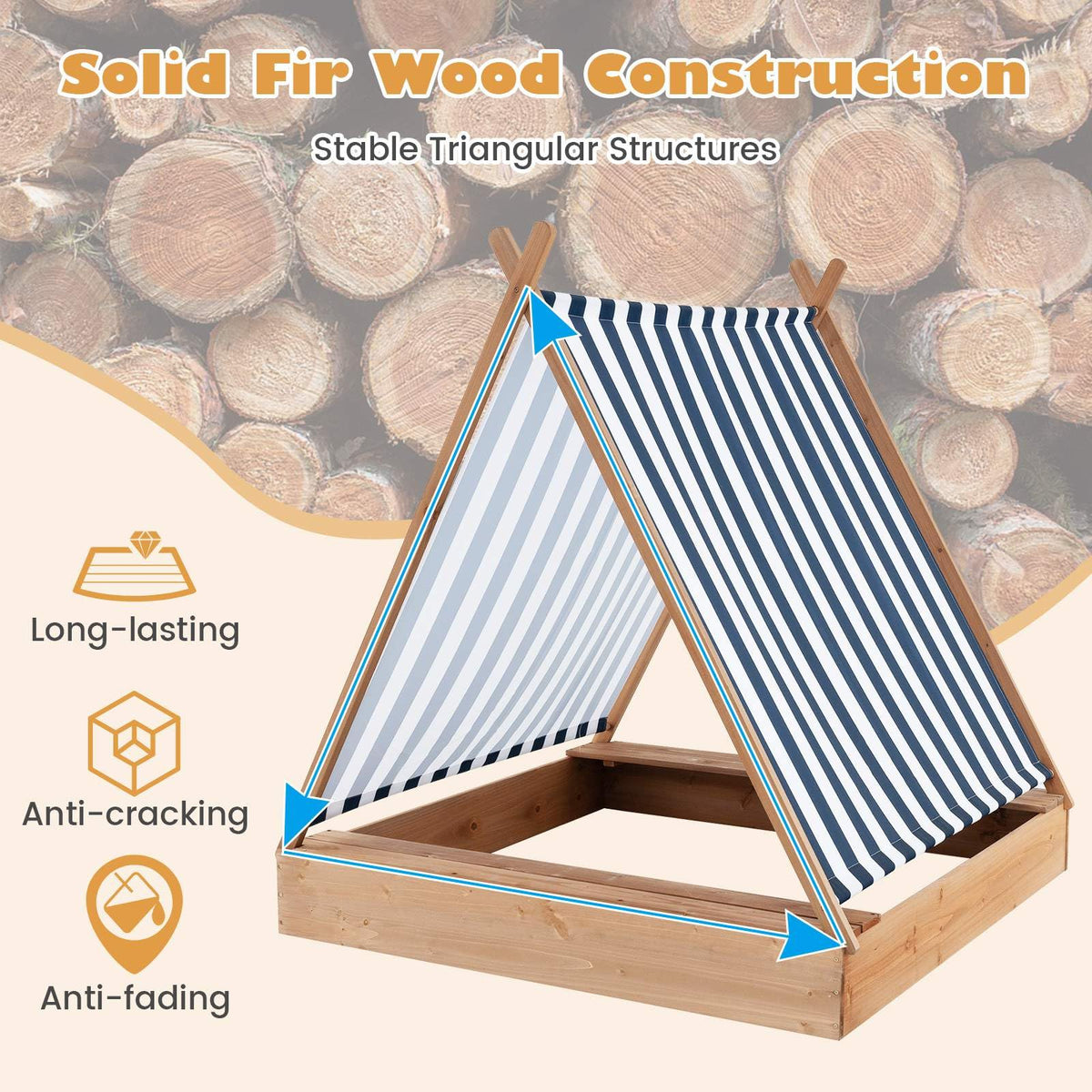 Wooden Kids Sandbox with Canopy and Tent Design