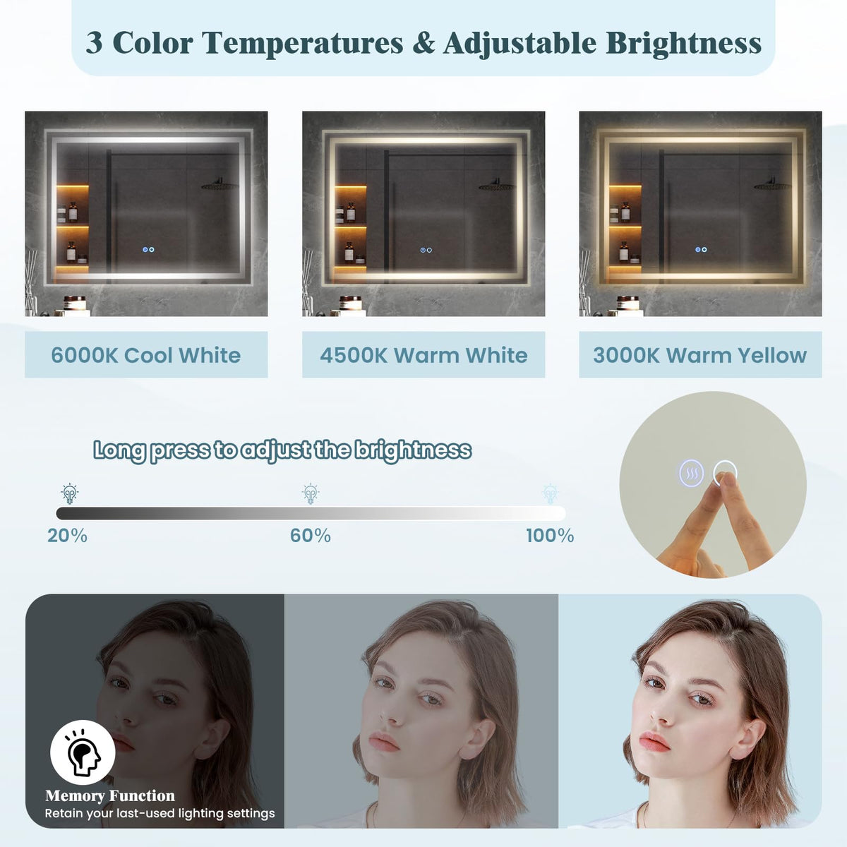 80 x 60 CM Rectangular LED Bathroom Mirror Wall-Mounted Mirror with 3-Color Dimmable Lights