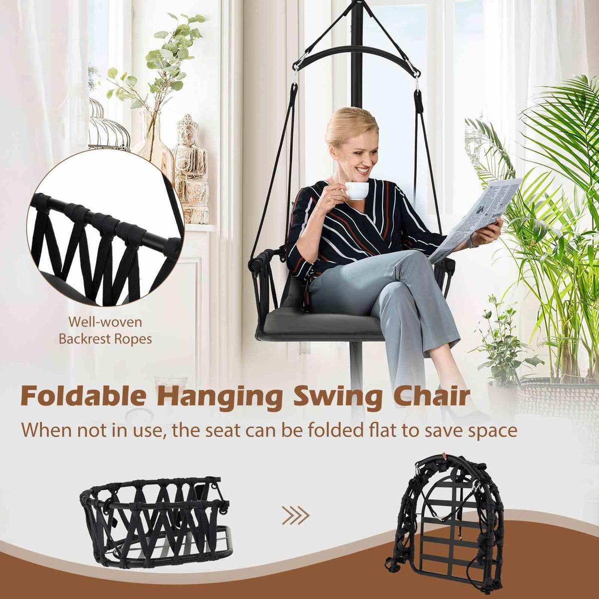 Hanging Swing Chair with Stand and Cozy Seat and Back Cushions