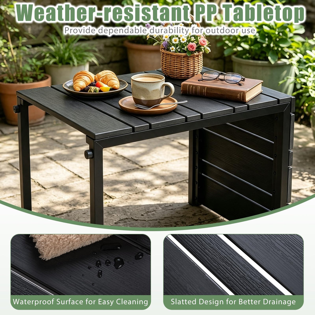 Outdoor C-Shaped Side Table w/Wood Plastic Tabletop