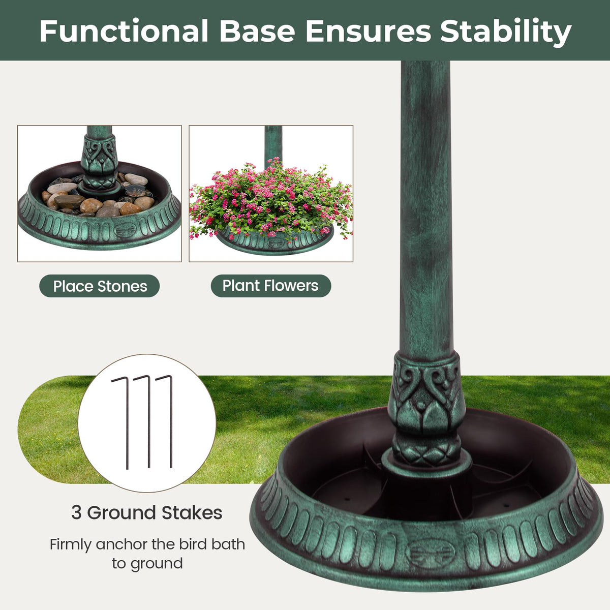 3-in-1 Outdoor Solar Lighted Bird Bath with Flower Planter Base