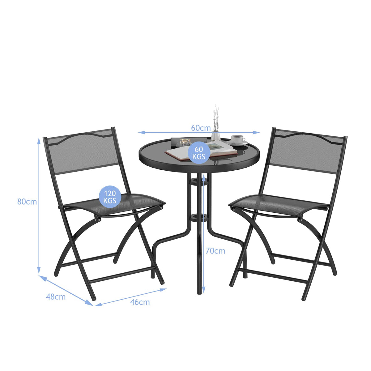 3-Piece Patio Bistro Set, Outdoor Bistro Table Set with Round Black Tempered Glass Tabletop and 2 Folding Chairs