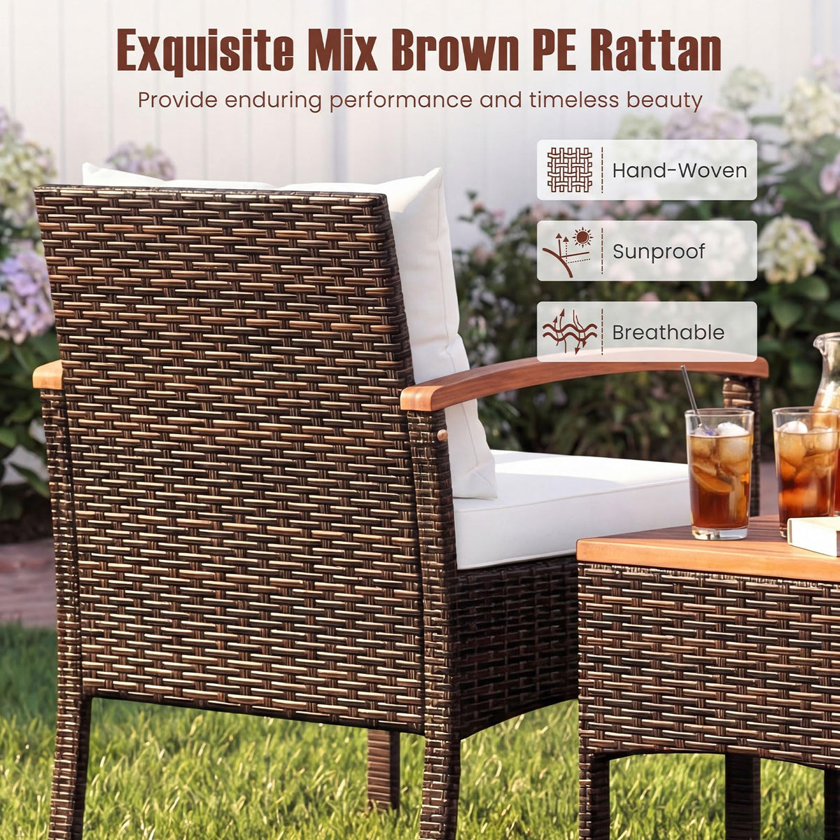 3-Piece Wicker Bistro Set with Acacia Table & Armchairs and Cushions for Backyard