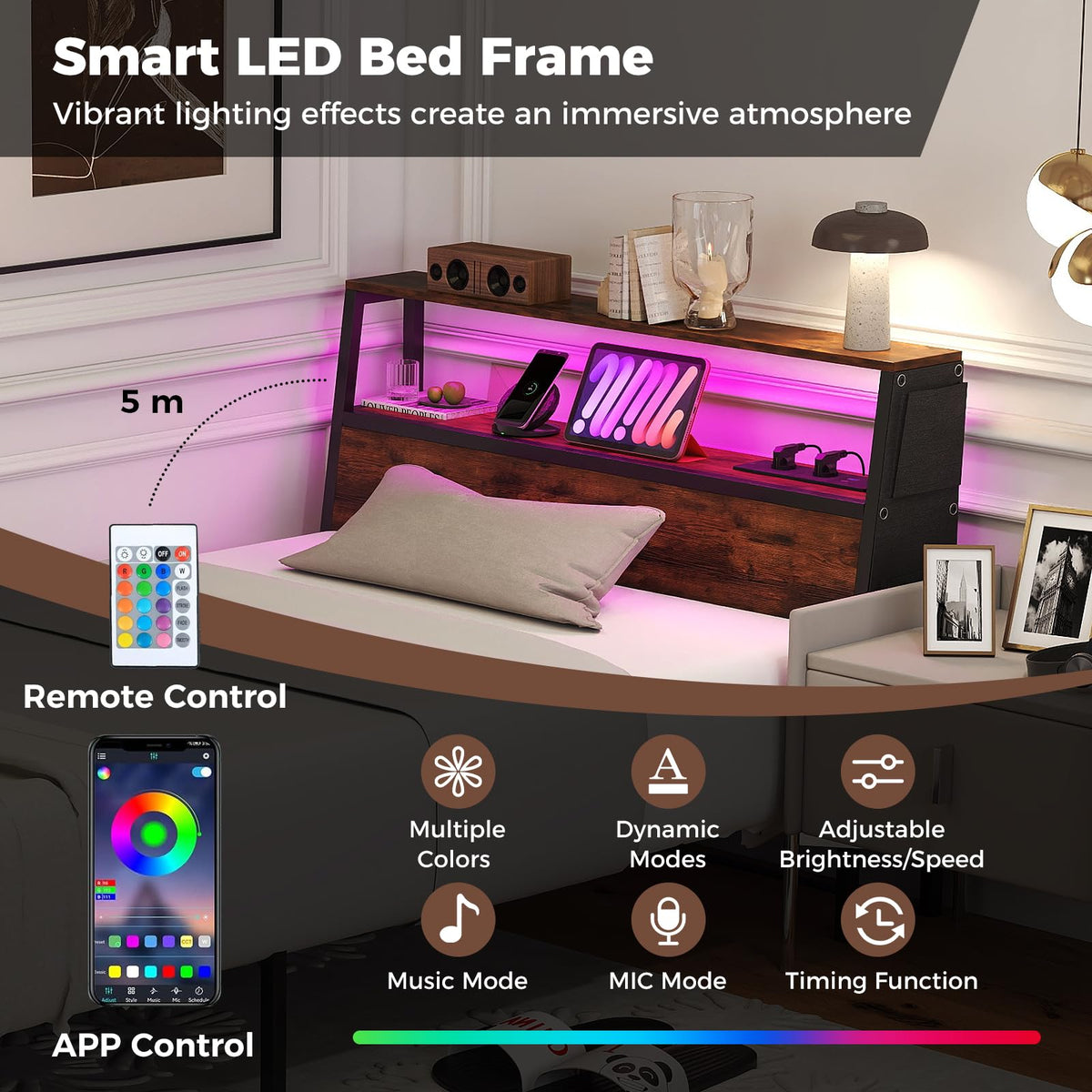 Single Size LED Bed Frame with Charging Station