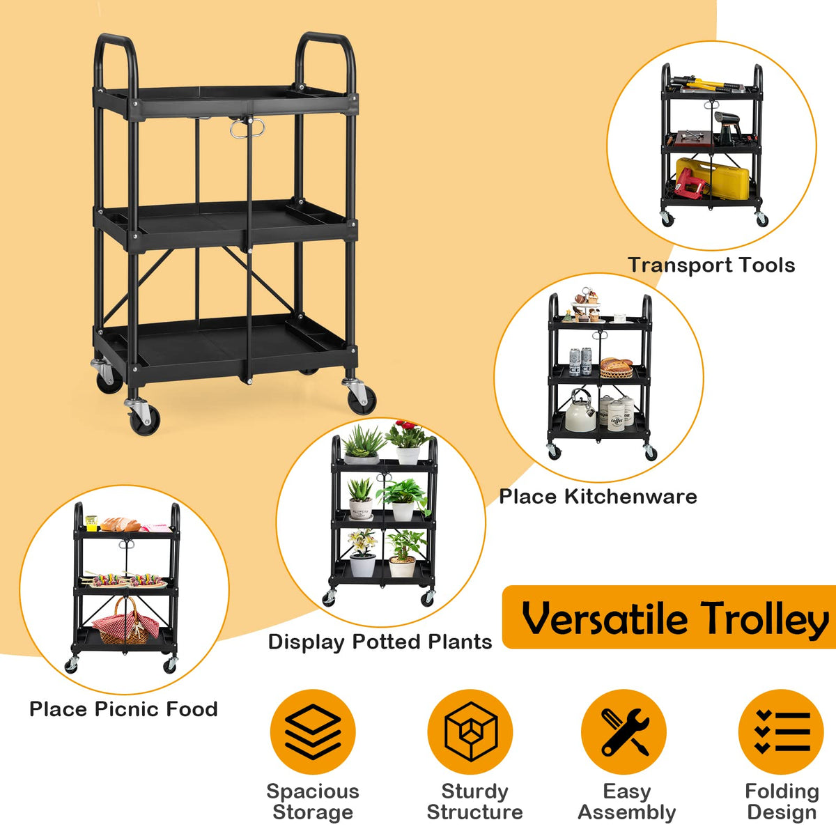 Folding Collapsible Service Cart, 3-Tier Fold Up Rolling Cart with Universal Wheels