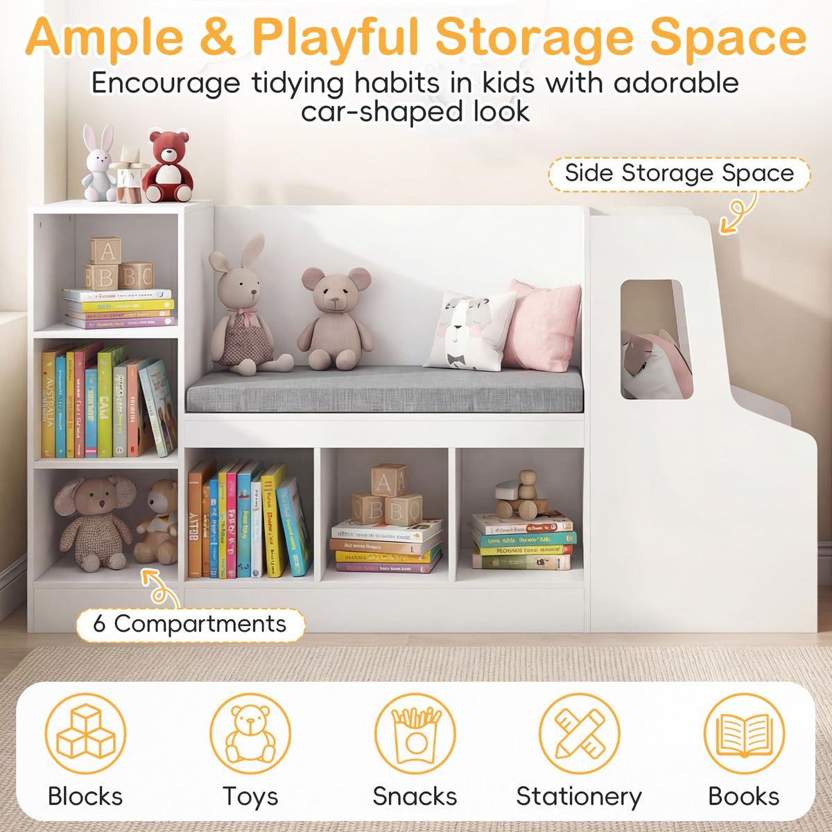 Car-Shaped Kids Bookshelf with Reading Nook, Kids Bookcase w/6 Compartments