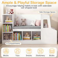 Car-Shaped Kids Bookshelf with Reading Nook, Kids Bookcase w/6 Compartments