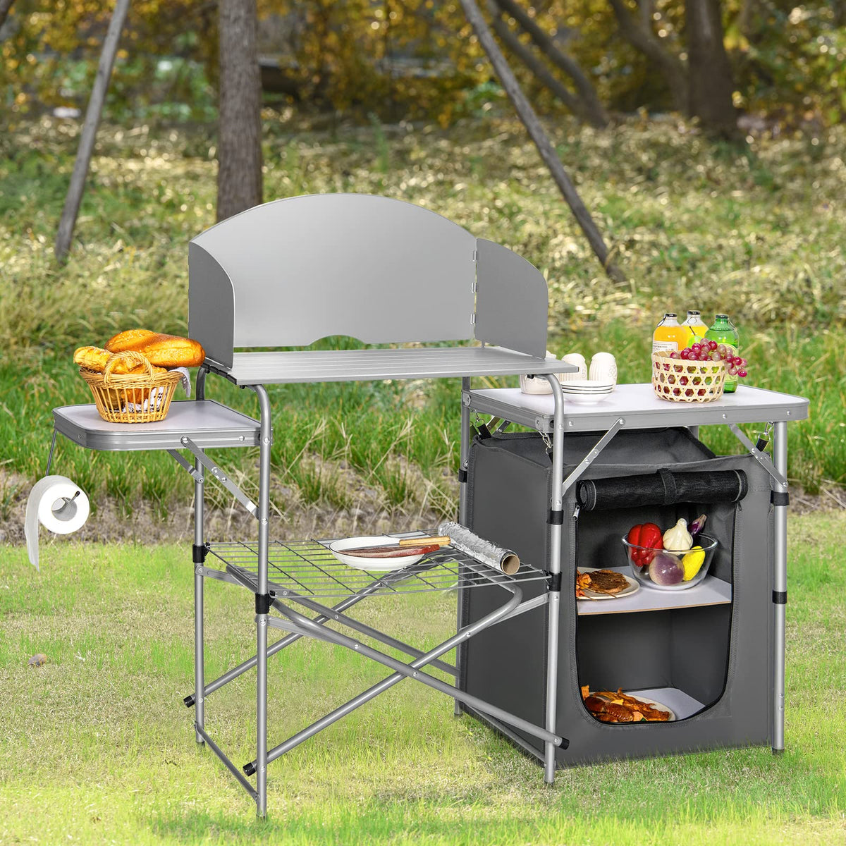 Outdoor Camping Table with Storage, Aluminium Folding Camp Kitchen with Windscreen