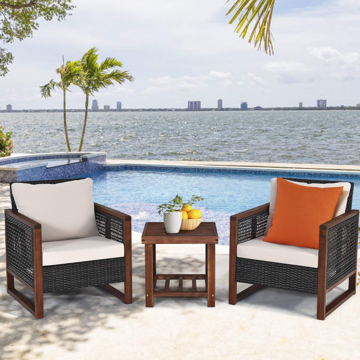 3 Pieces Outdoor Wooden Furniture Bistro Set with Cushioned Sofas