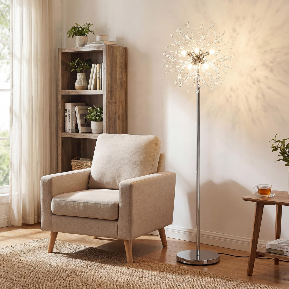 160cm Crystal Floor Lamp, Modern Freestanding Dandelion Light with Acrylic Crystals