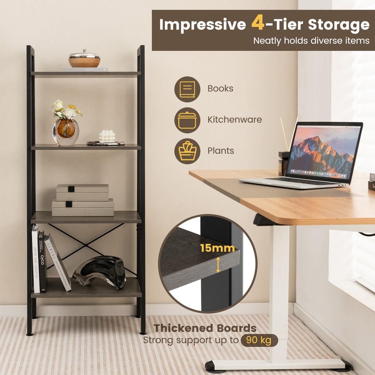 Giantex 4-Tier Bookshelf, Industrial Display Shelf with Metal Frame, Anti-Tipping Kits & Adjustable Foot Pads