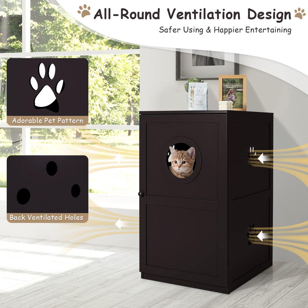 2-Tier Litter Box Enclosure, Cat House Bench W/Anti-Toppling System & Openable Door