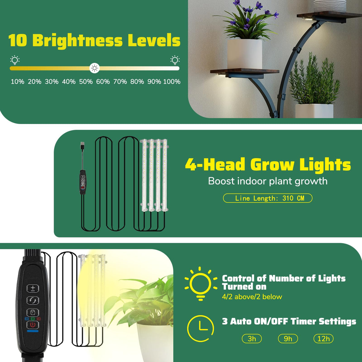 Indoor Plant Stand with Grow Lights, 146CM Tall 8-Tier Corner Metal Plant Shelf