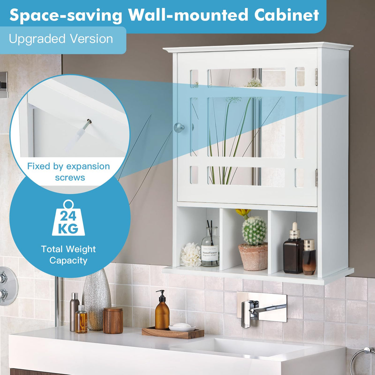 Wall-mounted Bathroom Cabinet with Adjustable Shelf and Open Compartments