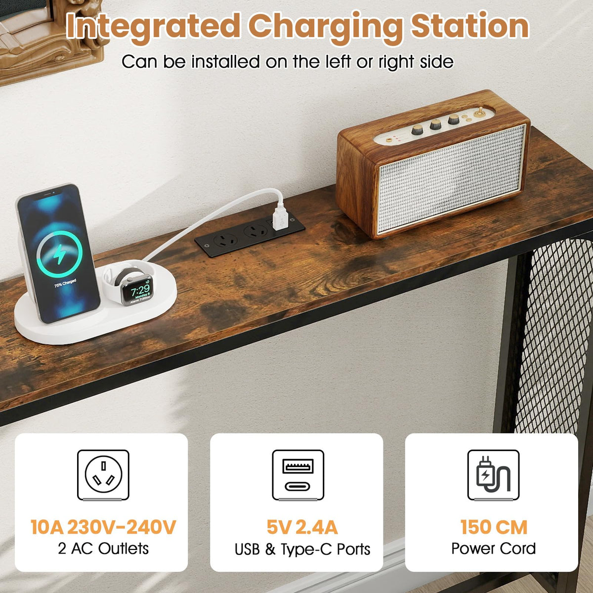 180cm Console Table w/Power Outlet, Narrow Sofa Table