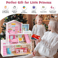 Kids Wooden Dollhouse with 5 Simulated Rooms & 10 Pieces of Furniture