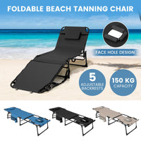 Folding Convertible Camping Lounger w/Face Hole & Pillows & Storage Pocket