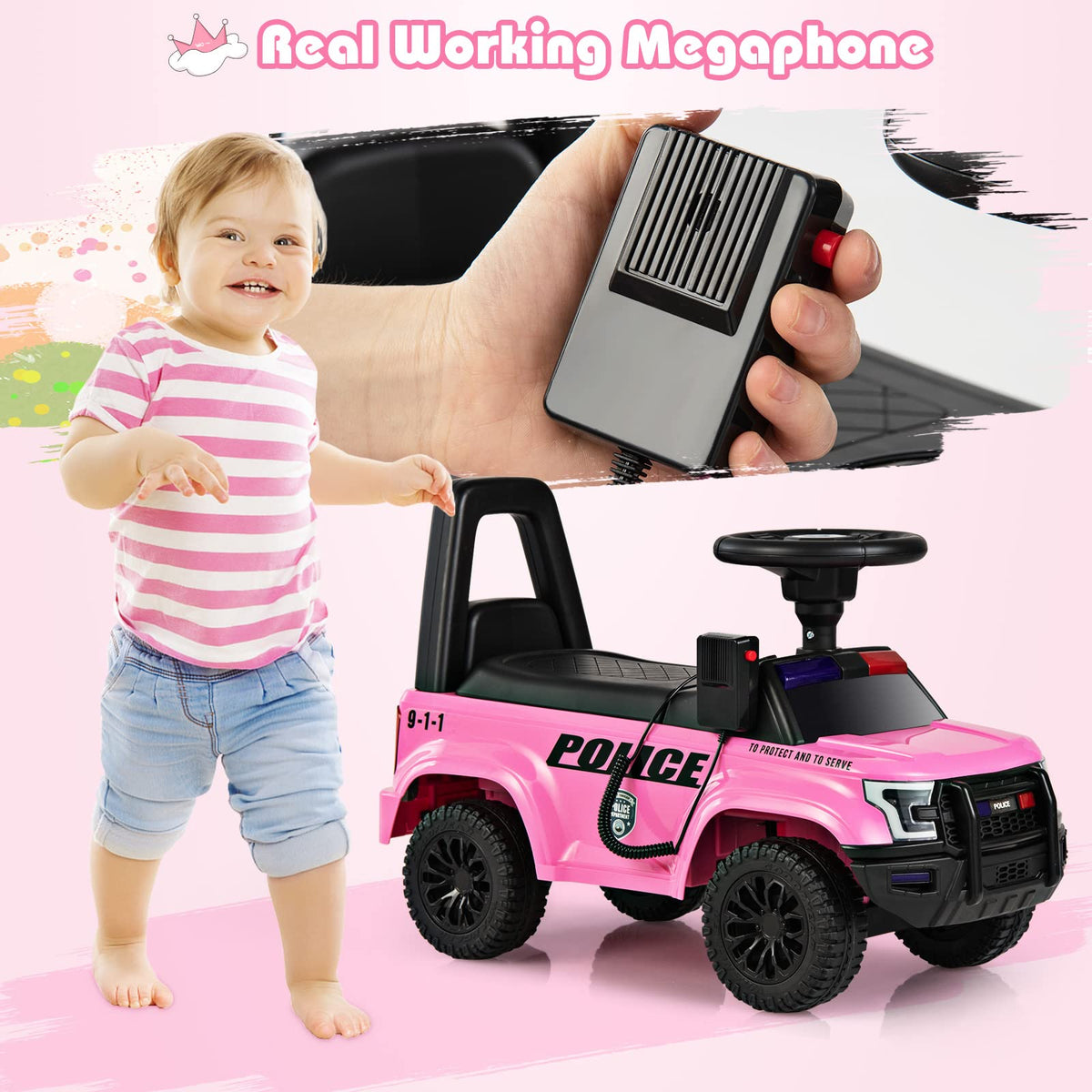 Ride On Push Police Car, Toddler Foot-to-Floor Sliding Toy with Siren