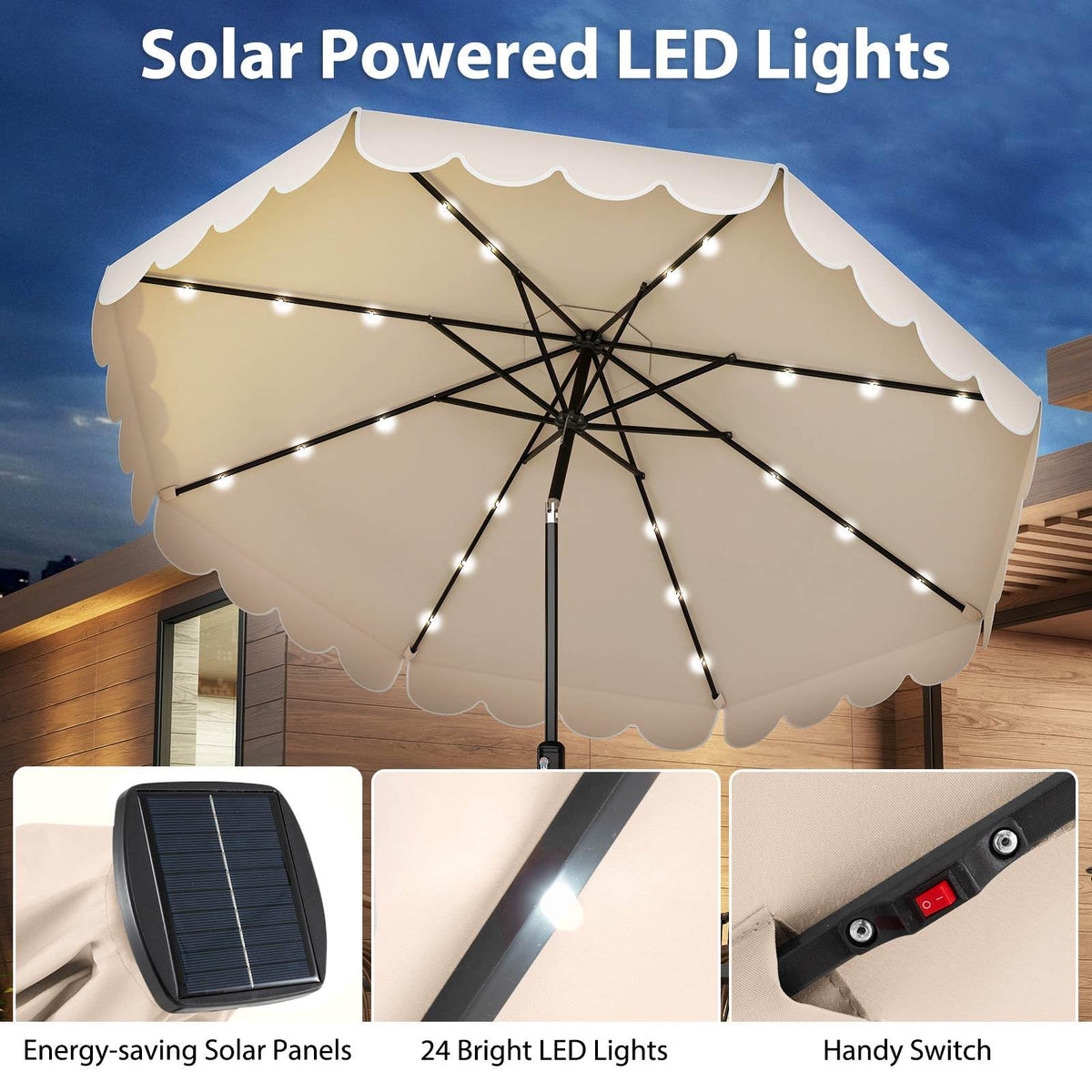 3m Solar Patio Umbrella with 24 LED Lights Vented Top and Ruffles