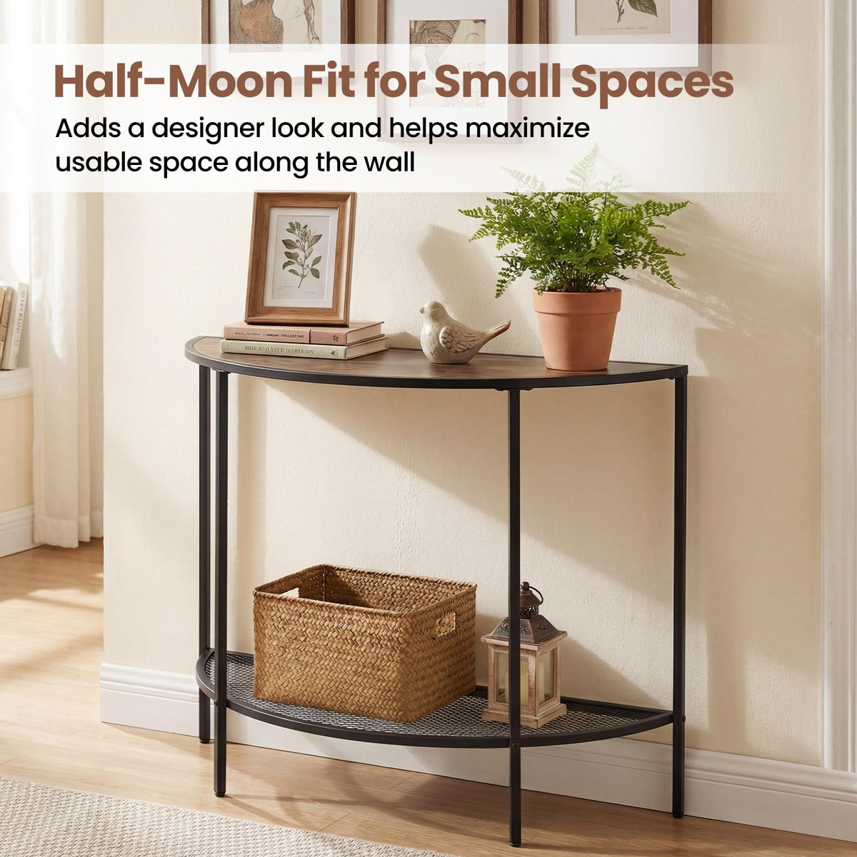 Half Moon Console Table 2-Tier Narrow Entryway Table with Storage Shelf