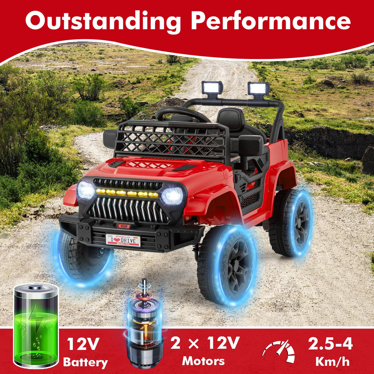 12V Kids Ride on Truck Car Jeep with Parental Remote LED Lights and Dual Motor
