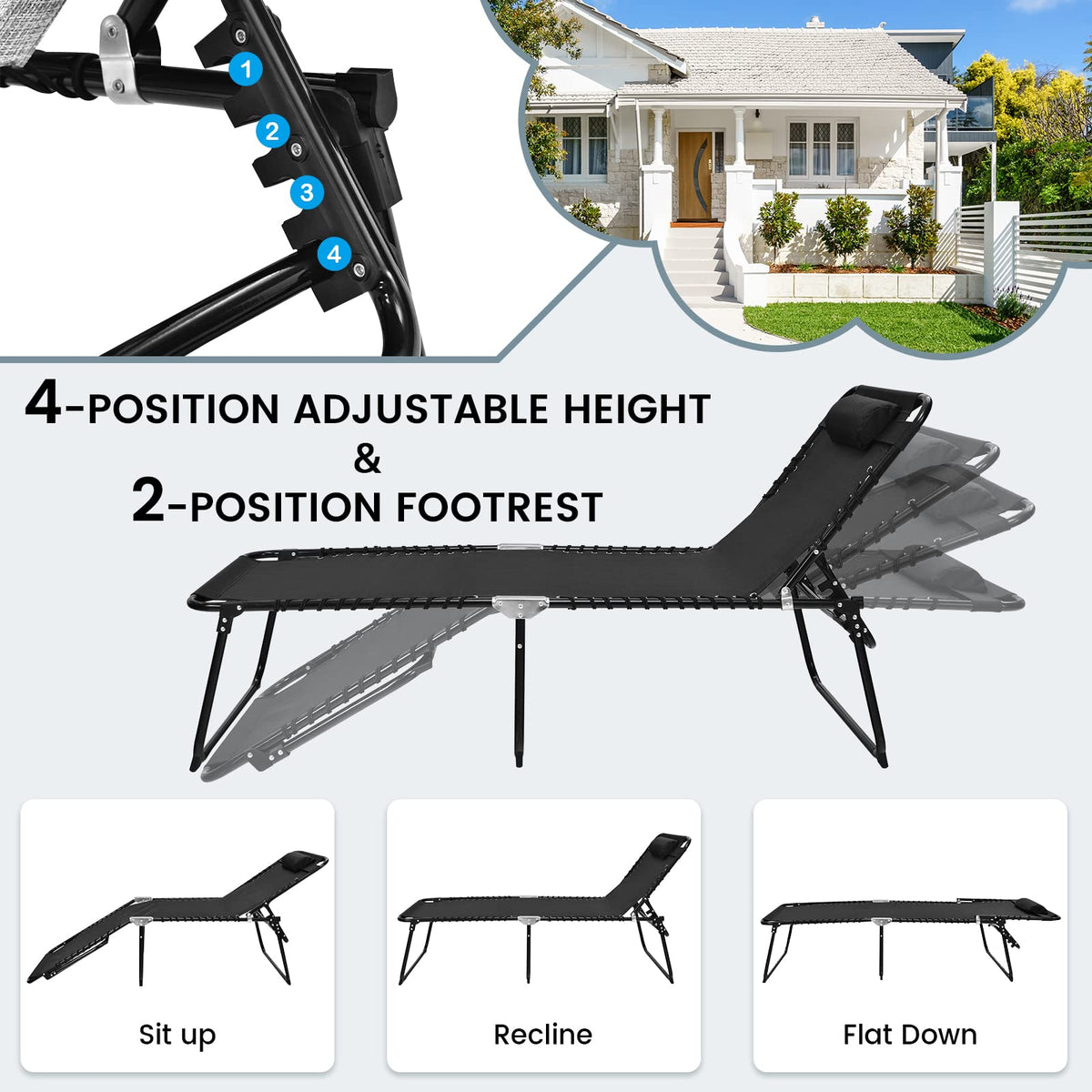 Patio Folding Chaise Lounge with 4-Level Backrest & Detachable Headrest Outdoor（70cm）