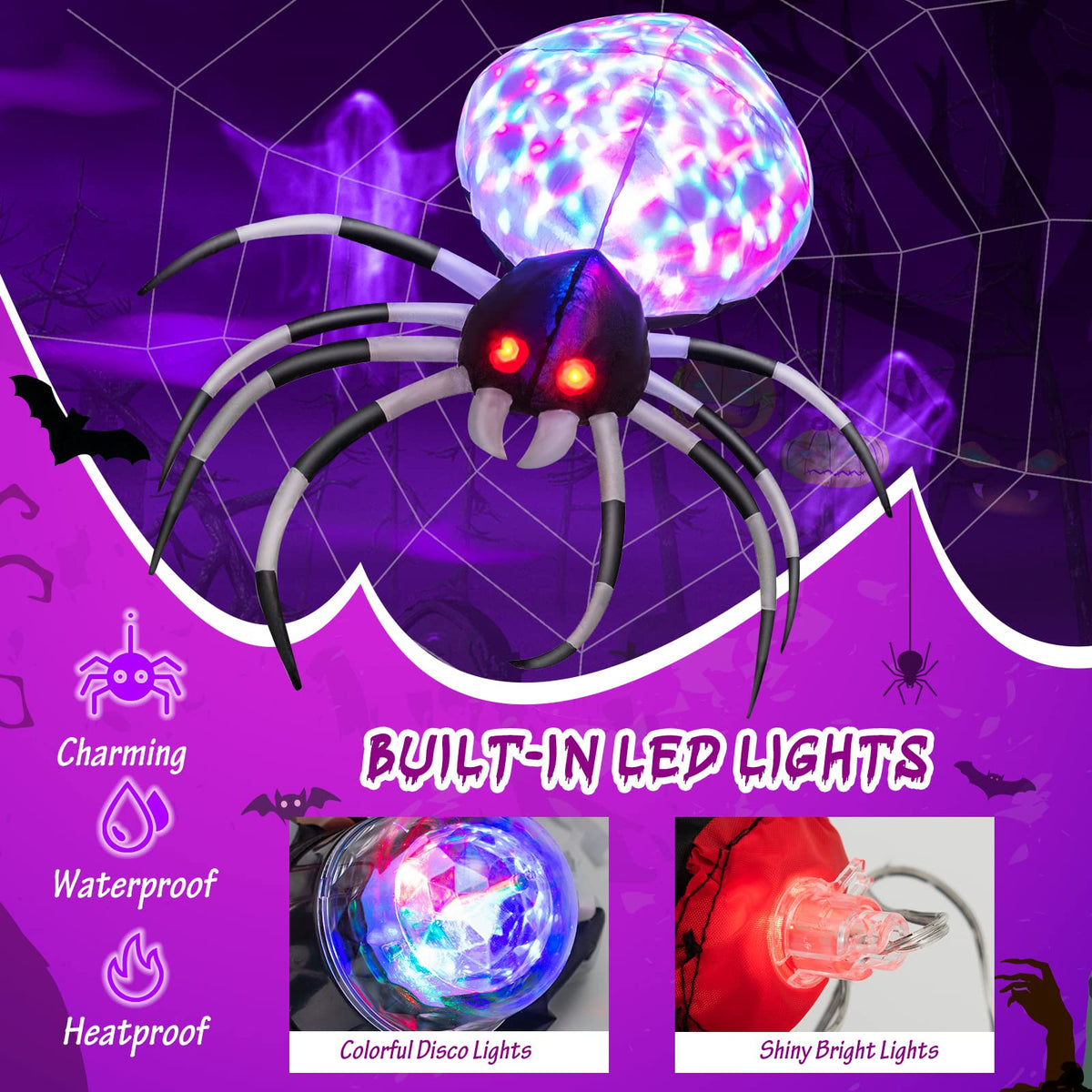 Giantex 105CM Wall Halloween Inflatable Spider with Multi-colour Lights