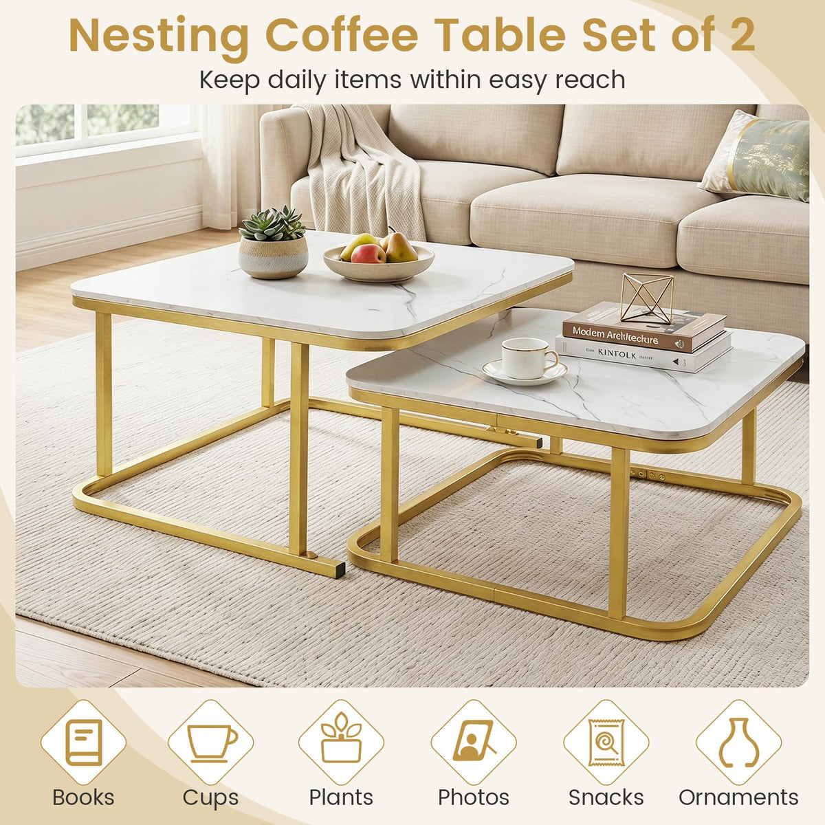 Nesting Coffee Table Set of 2 with Faux Marble Tabletop and Metal Frame for Living Room Bedroom
