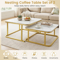 Nesting Coffee Table Set of 2 with Faux Marble Tabletop and Metal Frame for Living Room Bedroom