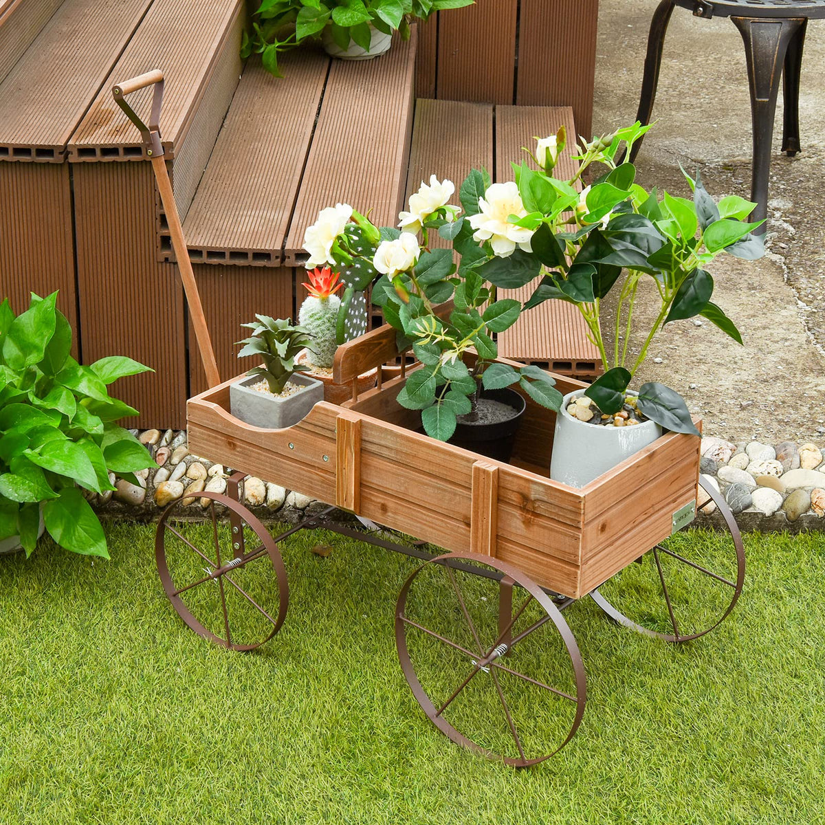 Wood Wagon Planter with Adjustable Handle