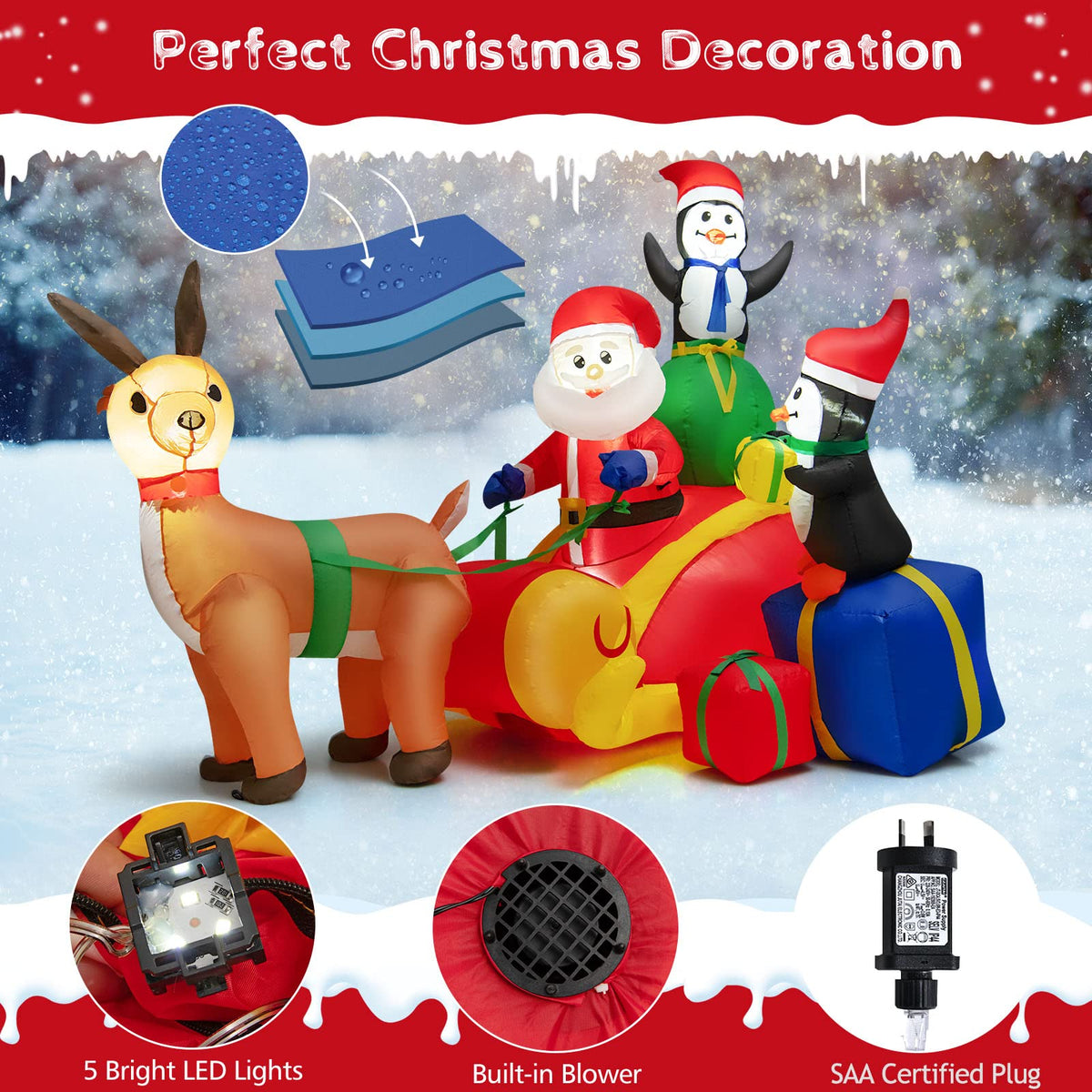 180CM Christmas Inflatable Lighted Santa Claus on Reindeer Sleigh
