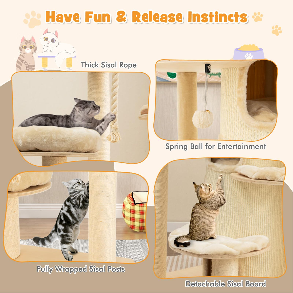 Cat Tree For Dogs Multi-Level Cat Tree, Solid Wood Cat Tower with 3-Story Cat Condo 2 Pe ...