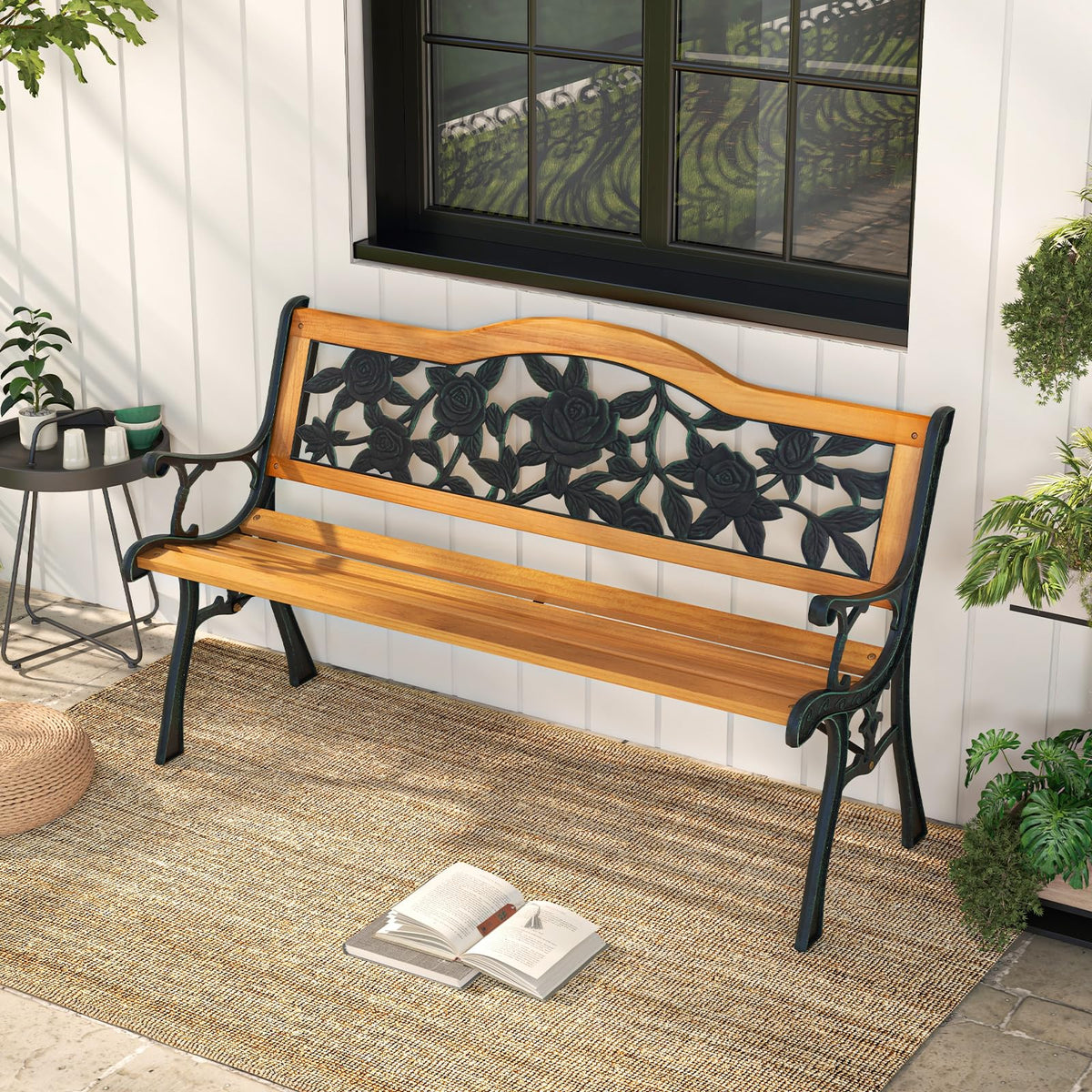 Giantex Outdoor Bench with Slatted Seat, Curved Armrests
