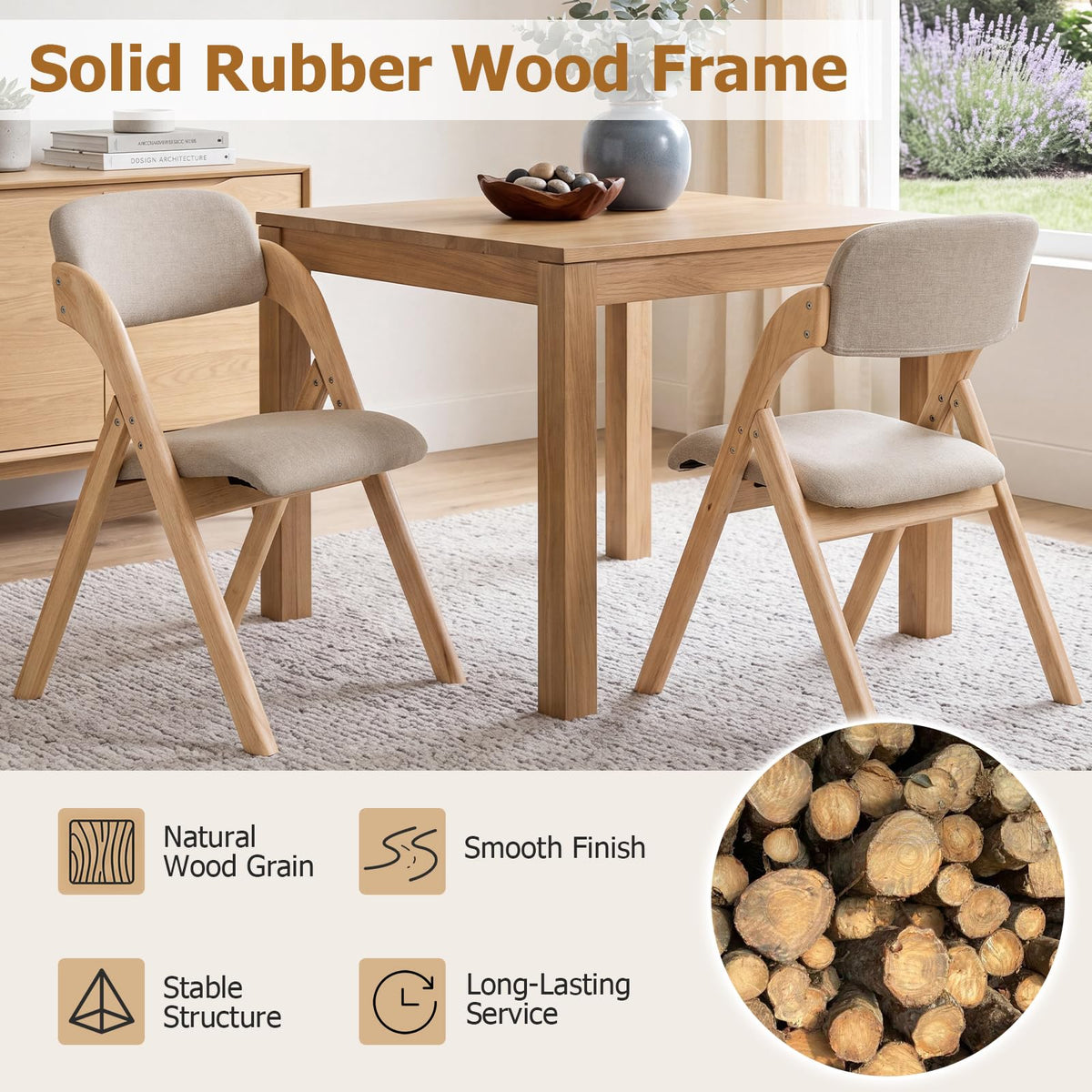 Wooden Folding Dining Chairs with Linen Fabric Padded Seat Set of 2