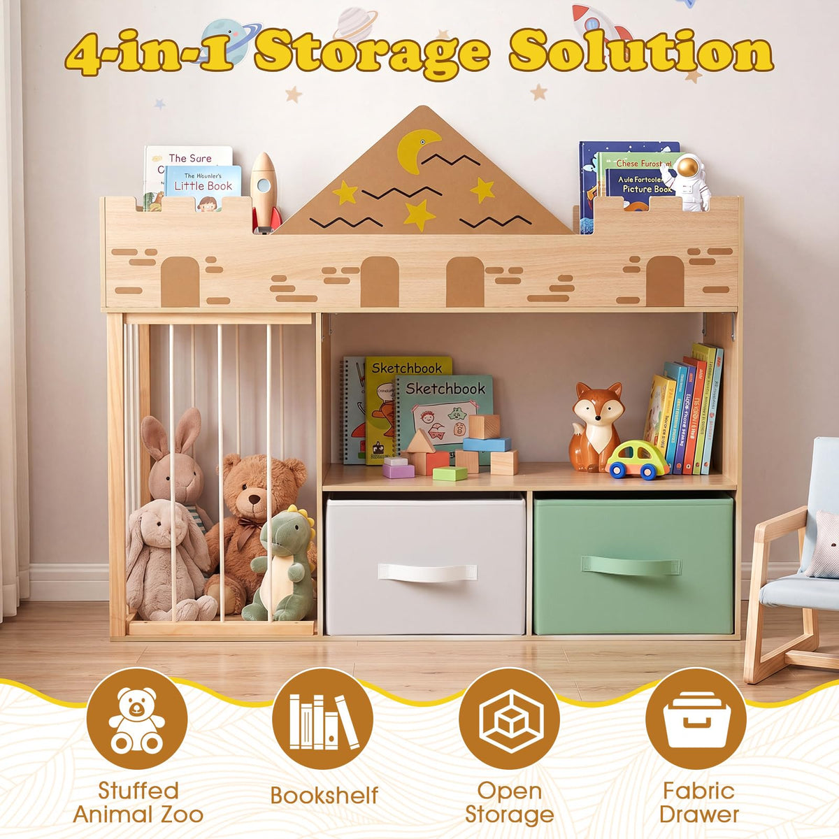 Kids Bookshelf with Stuffed Animal Storage and Fabric Drawers