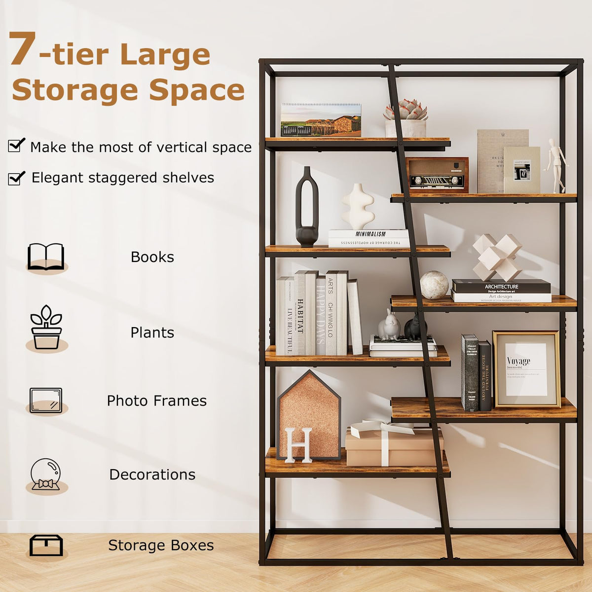 180 cm Tall Bookshelf, 7-Tier Industrial Etagere Bookcase