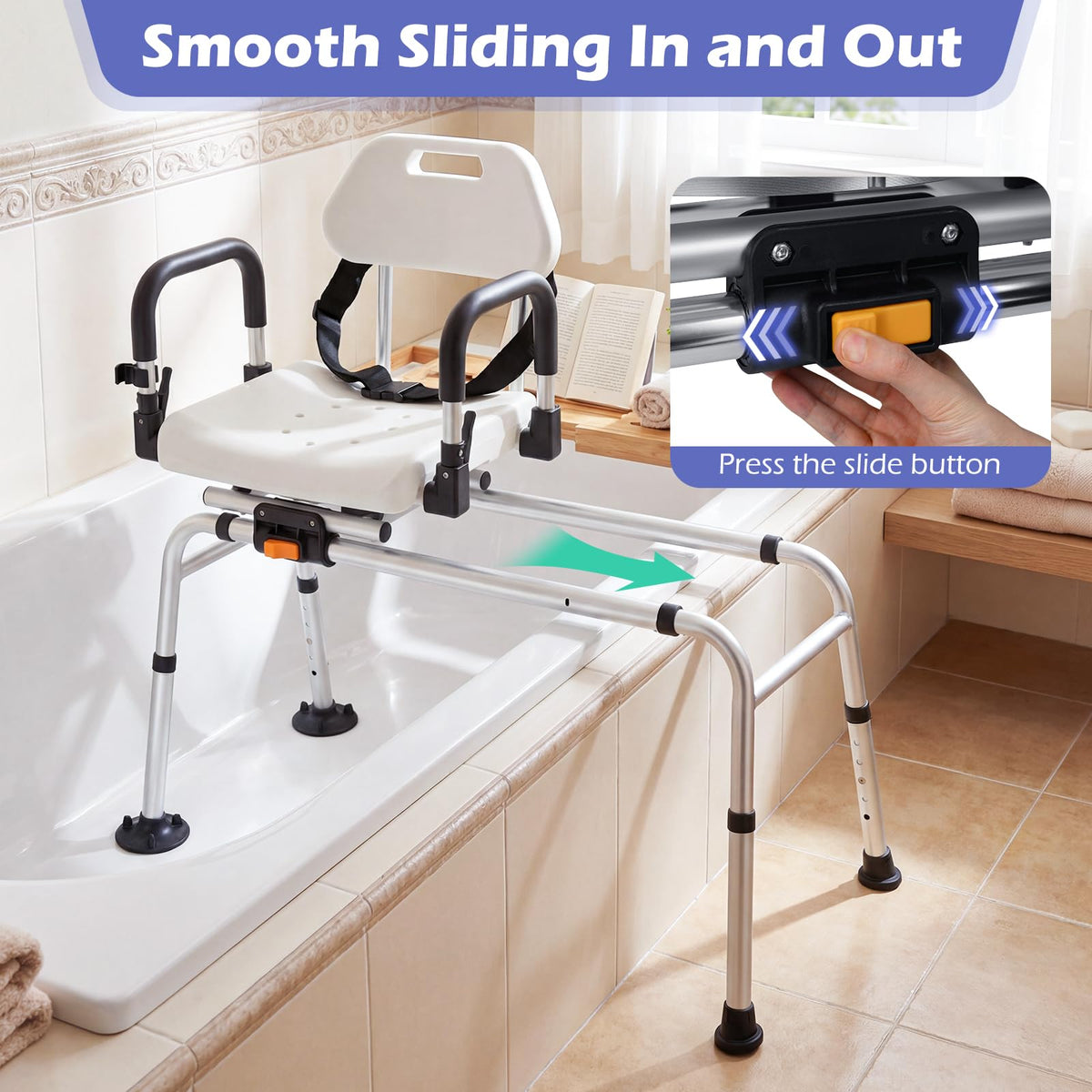 Sliding Shower Chair with Backrest, Duty Non-Slip Tub Transfer Bench w/Swivel Seat