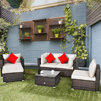 6 Pieces Patio Rattan Sectional Furniture Set, Outdoor Wicker Conversation Set with Glass Coffee Table Sofa Ottoman