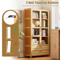 Giantex 138.5 cm Bamboo Bookshelf w/ 2 Acrylic Doors, 4 Shelves & 2 Drawers